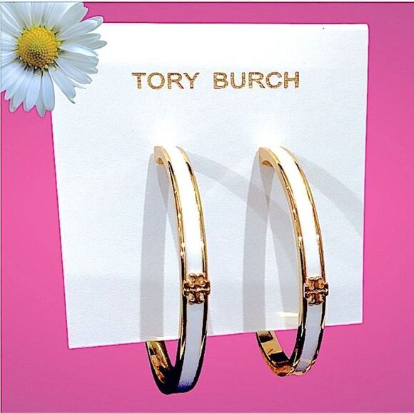 TORY BURCH 18 K GOLD AND WHITE ENAMEL HOOP EARRINGS - Picture 3 of 3